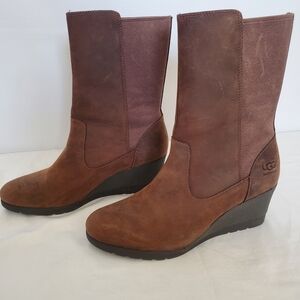 UGG 'CORALINE' BOOTS WATERPROOF NUBUCK LEATHER WEDGE HEEL BROWN WOMENS (8.5)